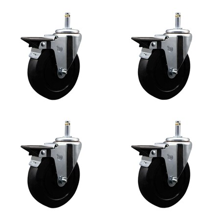 Service Caster 5'' Soft Rubber Wheel Swivel 7/16'' Grip Ring Stem Caster Set with Brake, 4PK SCC-GR20S514-SRS-PLB-716138-4